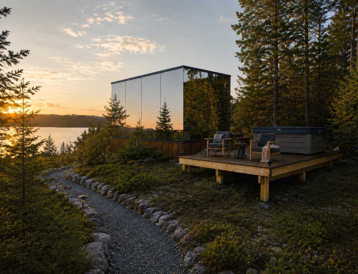 Mirror cabin integrated into a birch forest
