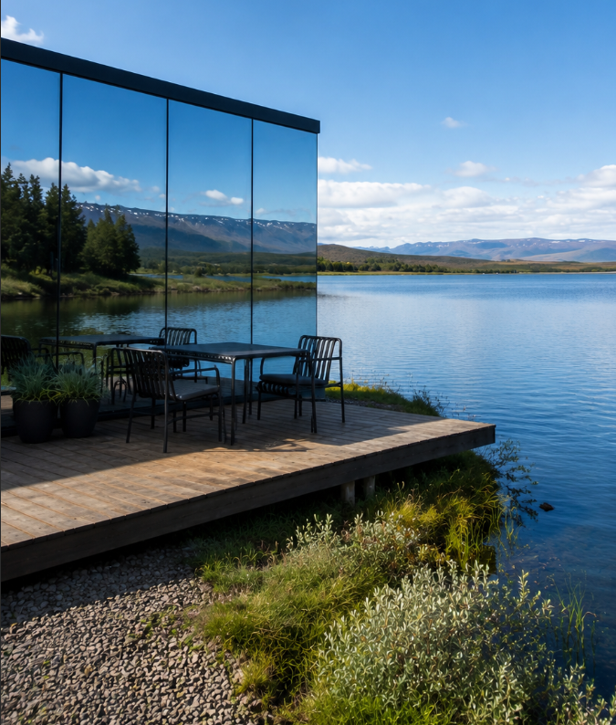 Mirror cabin beside a blue mountain river