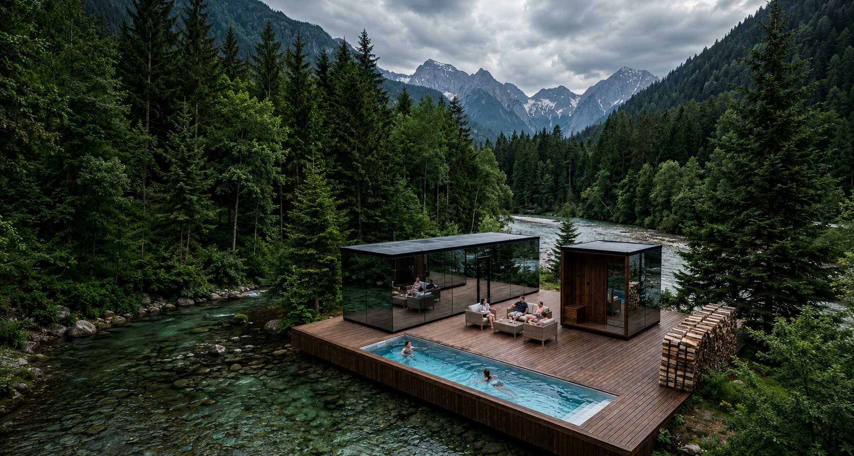 Mirror cabin and pool in a mountain resort